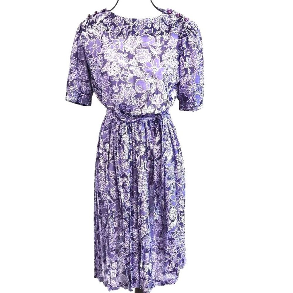 Vtg 1990s Fredric's Midi Petite Miss Dress 10P Purple Floral Pleated Belted USA